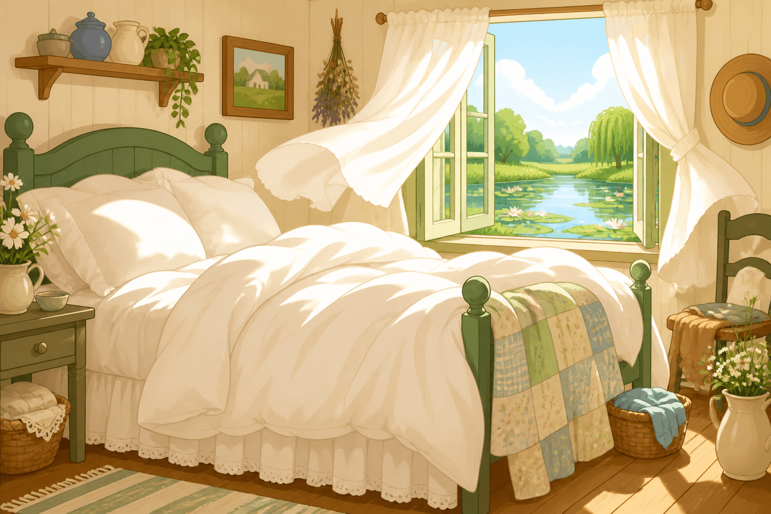 Cartoon of a sunlit homestead bedroom with fresh white linens and a window open to the pond