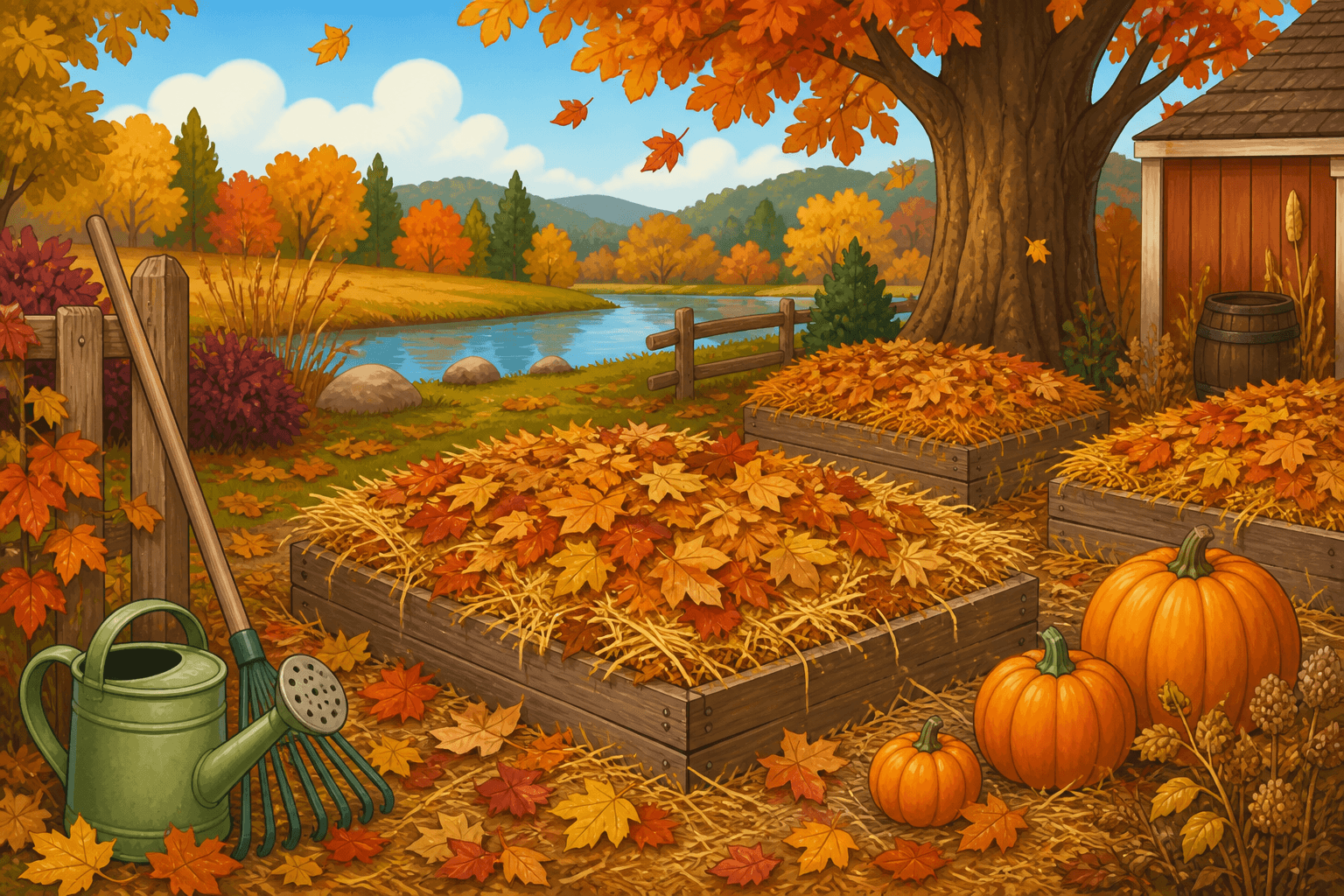 Cartoon of autumn garden beds mulched with straw and fallen leaves, ready for winter